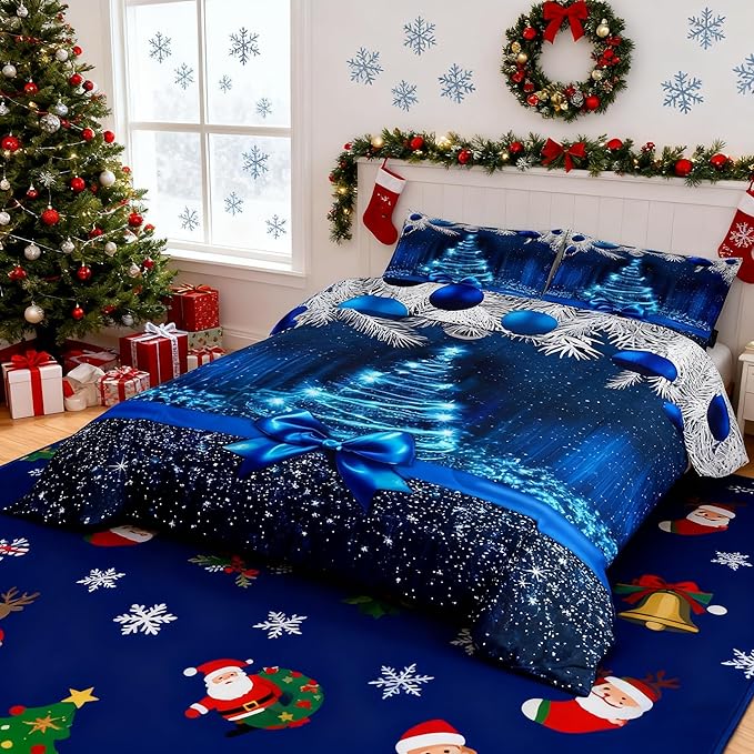 Merry Christmas Kids Comforter Set Full Size,Snowflake Christmas Tree Bowknot Bedding Set,Girls Boys Adults Xmas Decor,Blue Gradient Line Glitter Down Comforter,Romantic Duvet Insert,2 Pillowcases
