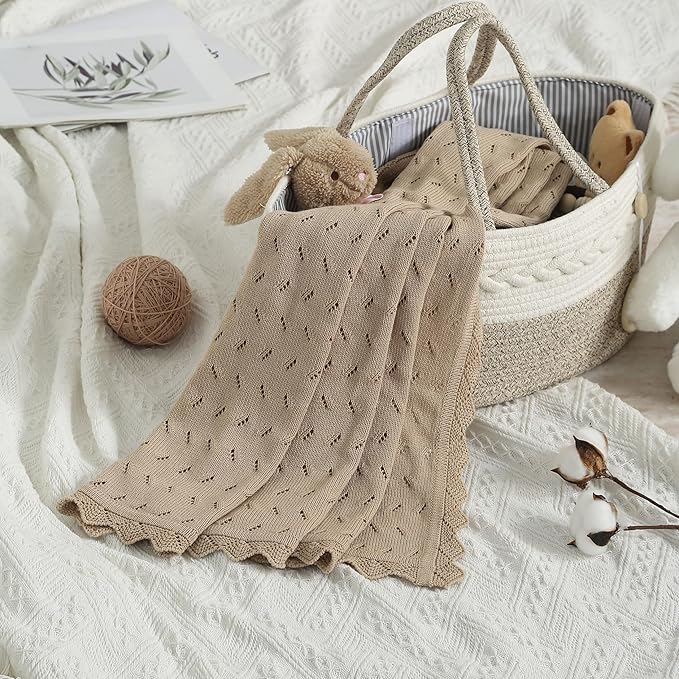 Baby Blanket 100% Cotton Knit Swaddle Soft Newborn Receiving Blanket Cozy for Boy/Girl Crib,Stroller Khaki 40x30in