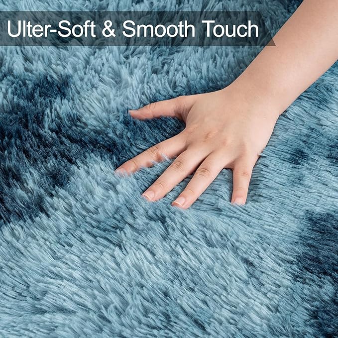 3x10ft Plush High Pile Blue Tie-Dyed Rug Fluffy Soft Runner Bedside Rug for Bedroom Living Room Hallway Nursery Kids Home Decor Shag Carpet