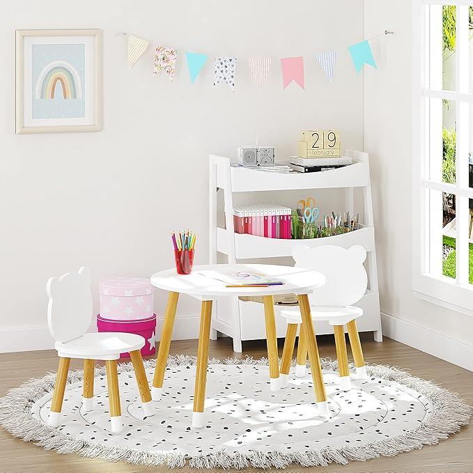 UTEX Kids Wood Table and Chair Set, Kids Play Table with 2 Chairs,3 Pieces Wood Round Table for Toddlers, Girls, Boys,White