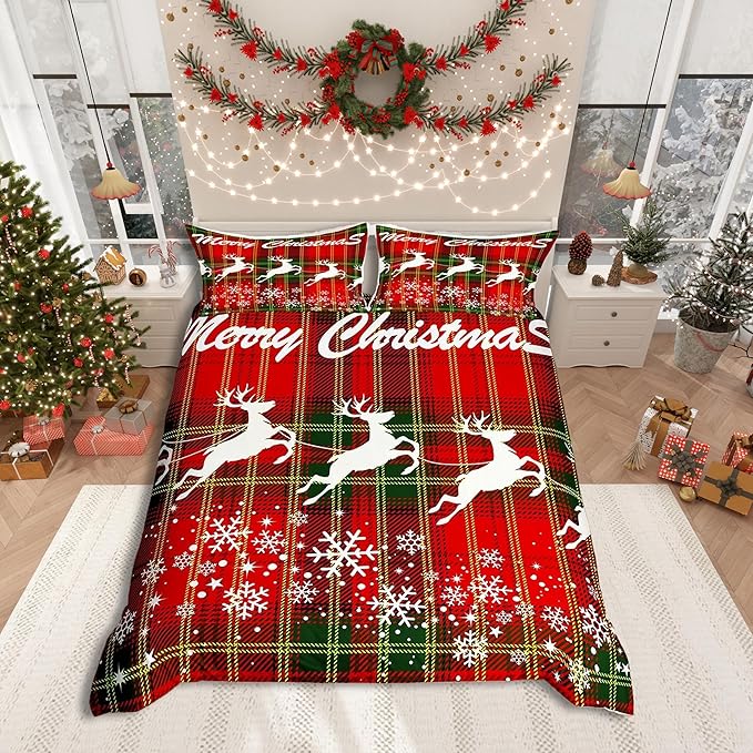 Manfei Christmas Duvet Cover Set King Size, White Deer and Snowflake Print Comforter Cover with 2 Pillowcases, Red Plaid Print Bedding Set 3pcs for Kids Boys Girls Bedroom Decor,No Comforter