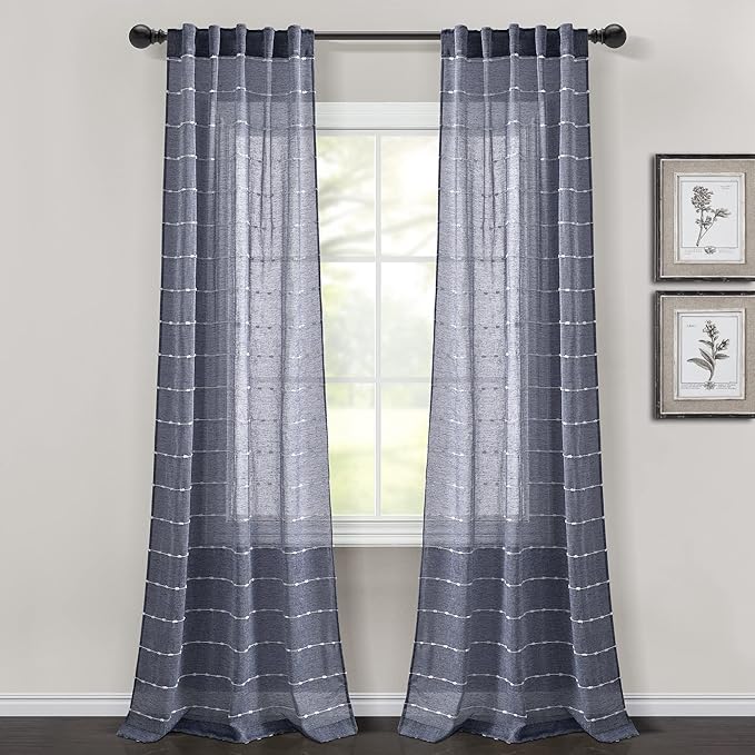 Lush Decor Farmhouse Textured Back Tab/Rod Pocket Sheer Window Curtain Panel Pair, 38"W x 84"L, Navy