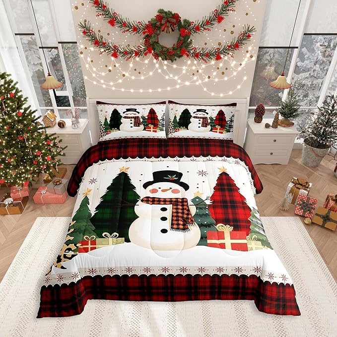 Manfei Snowman Comforter Set King Size, Xmas Leopard Plaid Trees Snowflake Down Comforter with 2 Pillowcases, Christmas Theme Bedding Set 3pcs for Kids Girl Bedroom Decor New Year Duvet Insert