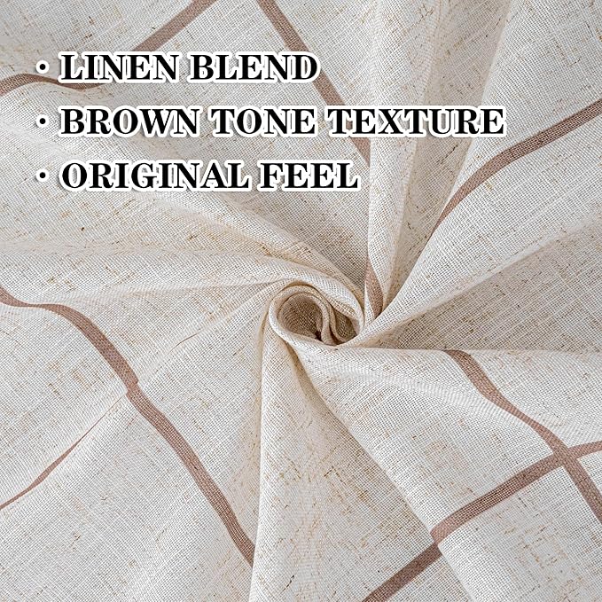 MYSKY HOME 100% Blackout Brown Plaid Farmhouse Linen Curtains 84 Inch Long 2 Panels Set Checkered Drapes Double Layer Thermal Insulated Privacy Protection Living Room Back Tab, 52" W Each Panel