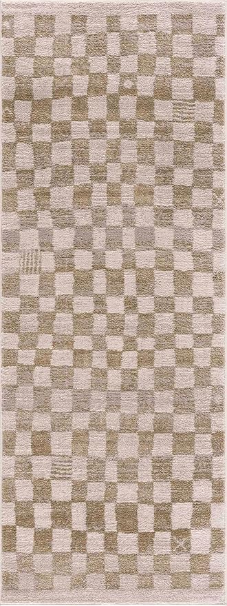 Hauteloom Pertek Modern Checkered Runner Rug - Modern Geometric Carpet for Hallway, Kids Room, Nursery - Bohemian Boho Carpet - Cream, Gold - 2'7" x 10'