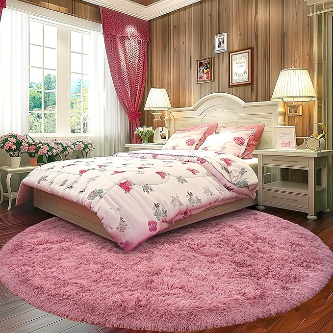 Round Fluffy Rug 8FT Blush - Super Soft Circle for Kids Room - Shaggy Circular for Nursery - Fuzzy Plush for Teens - Furry Carpet for Boys Girls Room