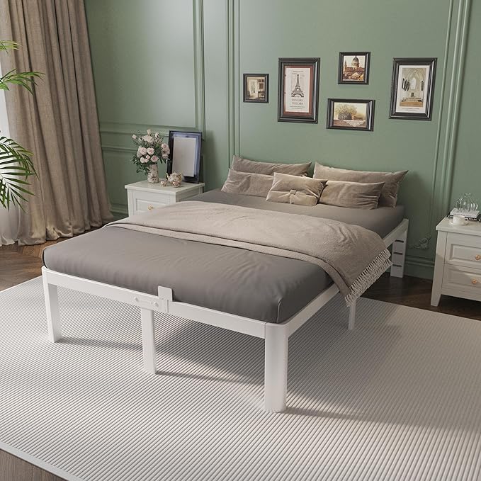 14 Inch Queen Bed Frame with Metal Gaskets, White Bed Frame Queen Size No Box Spring Needed, Heavy Duty Steel Platform Support, Round Corner Design, Noise Free, Storage Space, Easy Assembly