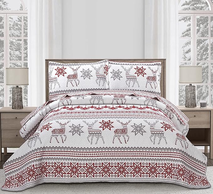 Christmas Quilt Set Twin Size Christmas Bedding Xmas Quilt Bedspread Coverlet Holiday Christmas Bed Set Deer Snowflake Christmas Decor Quilt Soft Lightweight Christmas Quilt Bedding,Red White
