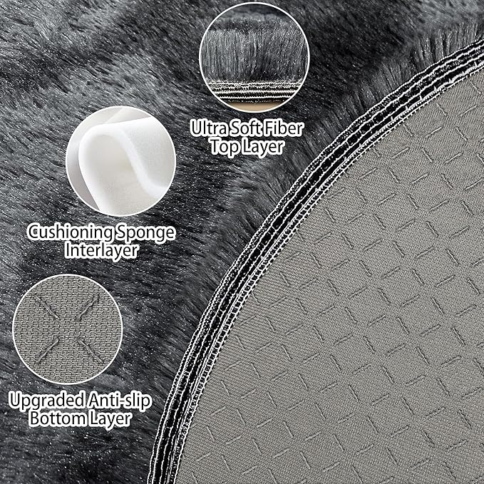 5 ft Round Fluffy Black Rug for Bedroom,Tie Dyed Furry Round Carpet Non Slip Fuzzy Shaggy Plush Circle Area Rug for Living Room Teen's Room Nursery Room Playroom Kids Room Home Decor Washable
