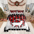 Manfei Christmas Comforter Set Queen Size, Xmas Deer Tree Snowflake Print Bedding Set 3pcs for Kids Boys Girls Bedroom Decor, Black Red Plaid Print Quilt Set with 2 Pillowcases