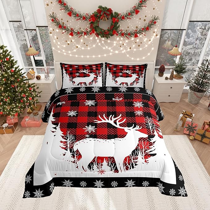Manfei Christmas Comforter Set Queen Size, Xmas Deer Tree Snowflake Print Bedding Set 3pcs for Kids Boys Girls Bedroom Decor, Black Red Plaid Print Quilt Set with 2 Pillowcases