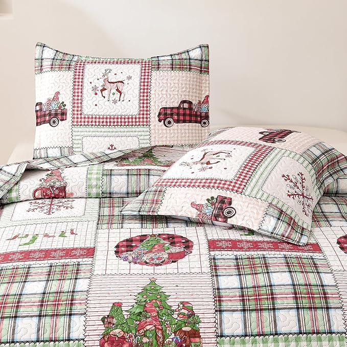 Christmas Bedding Set Queen Quilt Bedspread Coverlet,Plaid Patchwork Christmas Quilt Bedding Holiday Xmas Bedspread Lightweight Reversible Gnome Santa Claus Home Festival Decor