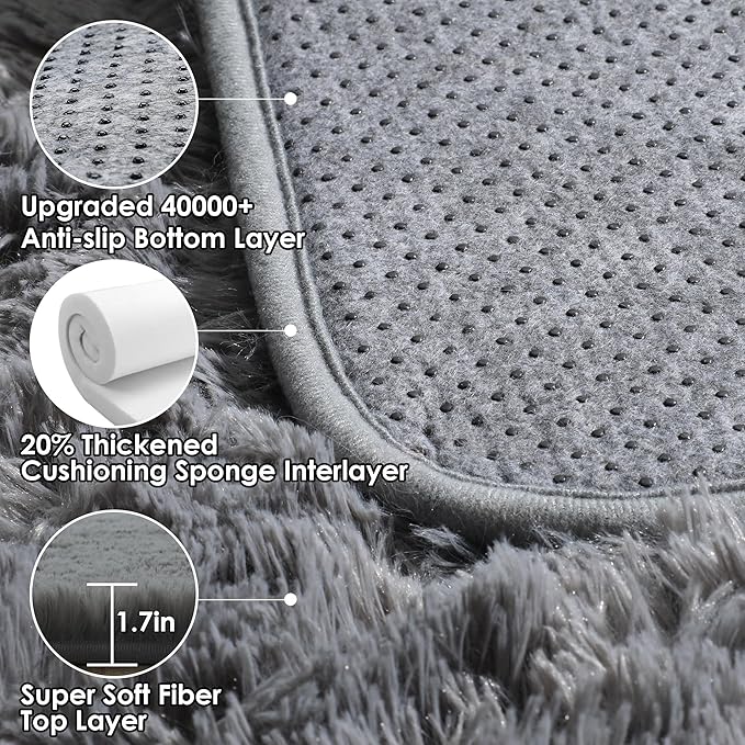 ONASAR Grey Area Rugs for Living Room Bedroom, 5x8 Gray Fluffy Shag Rug, Washable Ultra Soft Plush Shaggy Large Indoor Floor Carpet for Nursery Kids Girls Boys Teen Home Office Decor Aesthetic