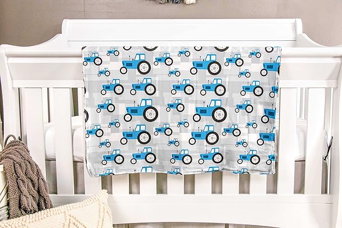 Top Tots Baby Blanket - Tractor with Brown Minky Dot, 38.5 x 29 Inch Blue & Grey
