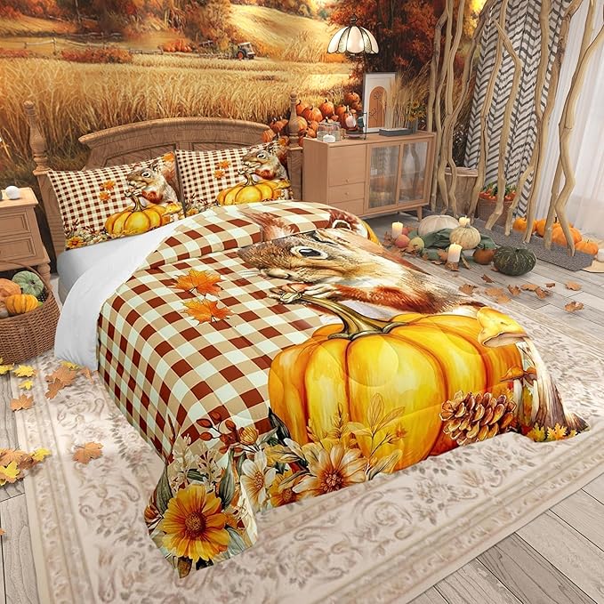 Squirrel Pumpkin Flower 3 Pcs Queen Size Comforter Set,Vintage Yellow Geometric Grid Down Alternative Adults Bedroom Decor,Autumn Harvest Thanksgiving Ultra Soft Microfiber Inner Fill 3Pcs Bedding