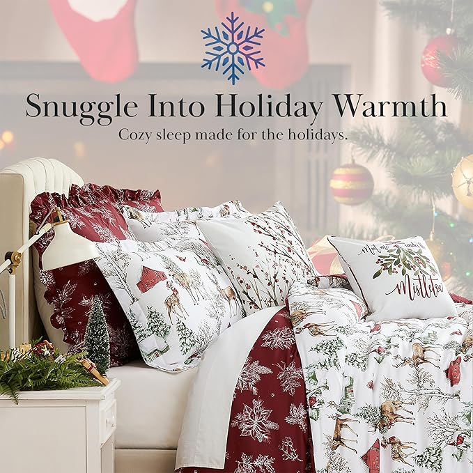 Southshore Fine Living, Inc. 7-Piece Reversible Christmas Comforter Set Queen/Full, Farmhouse Christmas Bedding Queen, Holiday Bedding, 4 Shams, 2 Throw Pillows- White Christmas