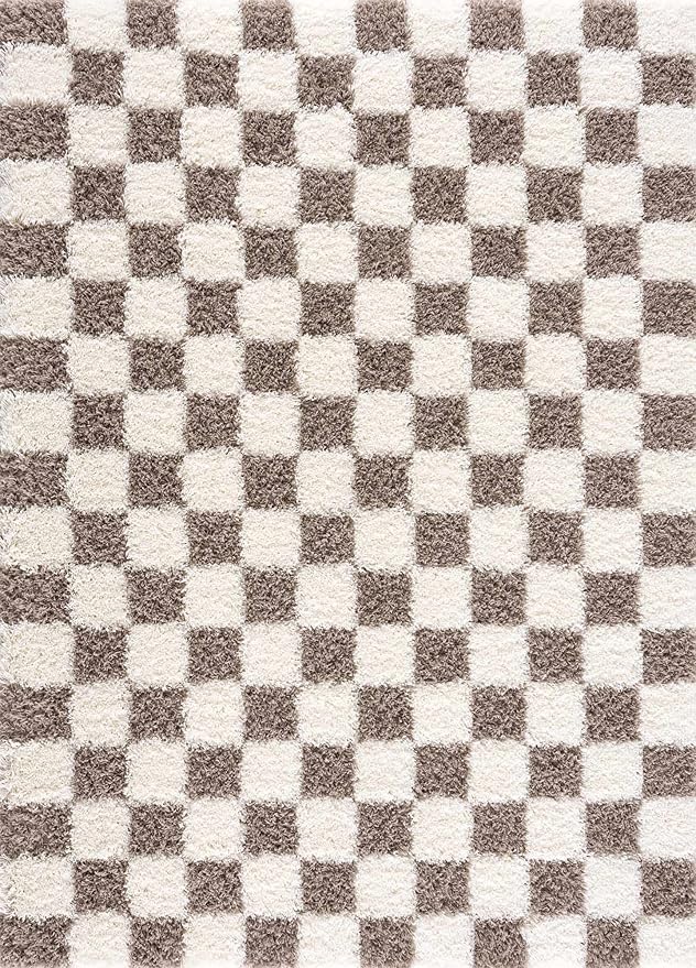 BoutiqueRugs Atira Modern Checkered Shag Runner Rug - High Pile Fluffy Shaggy Carpet - Kids Room, Hallway, Bedroom Shag - Brown, Cream, White, Taupe - 2'7" x 7'3" (2x8)