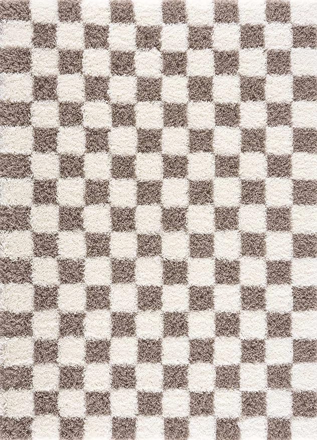 Hauteloom Atira Contemporary Checkered Fluffy Shag Area Rug - Modern Geometric Carpet Tiles for Living Room, Kids Room, Nursery - Plush Pile - Cream,Light Brown - 4' x 6'