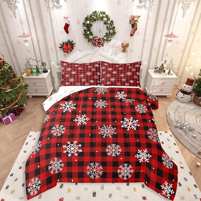 Feelyou Christmas Kids Comforter Set Queen Size Snowflake Red Bedding Set Red Black Plaid Duvet Quilt for Kids Boys Girls Bedroom Winter Snow Decor Microfiber Ultra Soft Breathable