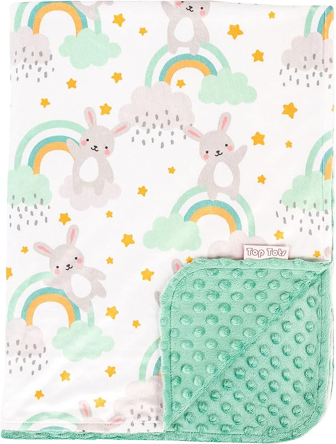 Top Tots Deluxe Minky Baby Blanket - Rabbits on Rainbows, 40 x 29 Inch Mint