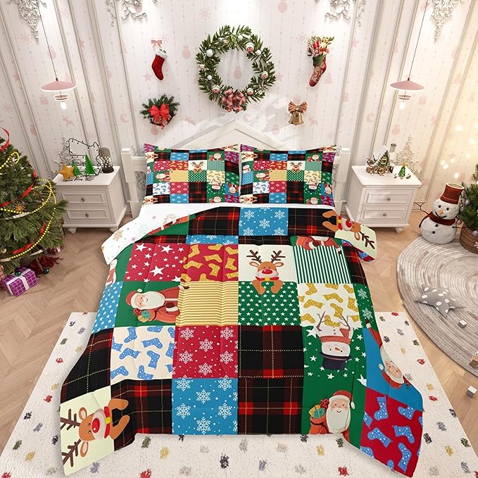 Feelyou Patchwork Christmas Bedding Set Soft for Boys Girls, Santa Claus Reindeer Comforter Set Queen Size Snowman Duvet Quilt Microfiber Snowflake Bedroom Decor 3 Pcs with 2 Pillow Cases