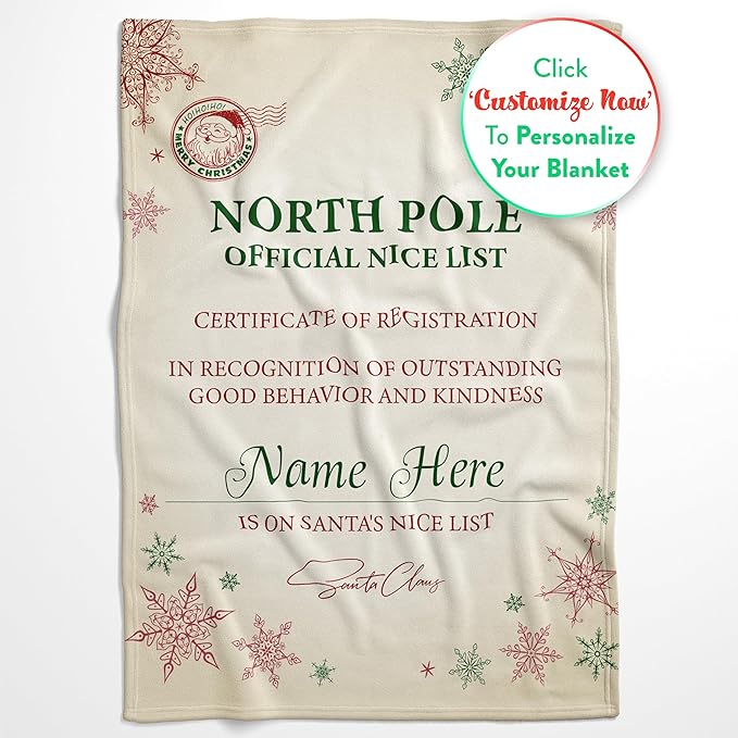 Personalized Christmas Blanket, Santa’s Nice List - Ships Next Day, Printed in USA - Warm Fleece or Sherpa Sofa Throw, Cute Holiday Décor - Customizable Family Throws (Fleece 50x60)