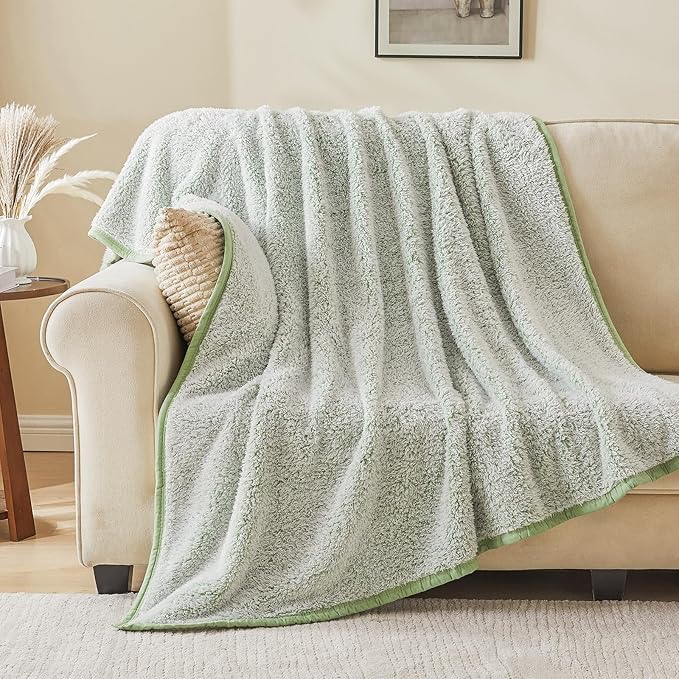 EMME Soft Sherpa Fleece Blanket Reversible Plush Fluffy Large Blanket, Light Weight Warm Decorative Boho Blanket Cover for Sofa, Couch, Bedroom,Travel(Plush Sage,90"x90")