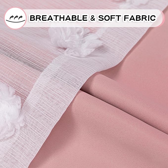 MYSKY HOME Pink Curtains for Bedroom 90 Inches Long Living Room Curtain with Pom Pom Sheer for Dining Room Grommet Double Layer Nursery Curtain Drapes Toddler Room Darkening Window Panels 52 x 90 in