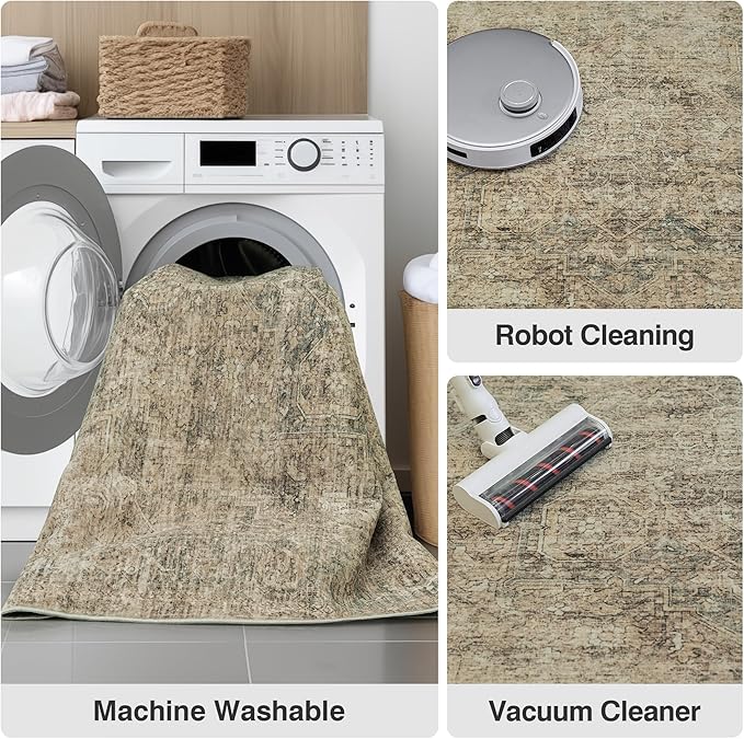 FMFUNCTEX 2x8 Runner Rug Brown Washable Vintage Neutral Distressed Oriental Non Slip Low Pile Indoor Carpet Retro Hallway Entryway Rug for Kitchen Living Room Bedroom Bathroom Laundry Entry Bedside