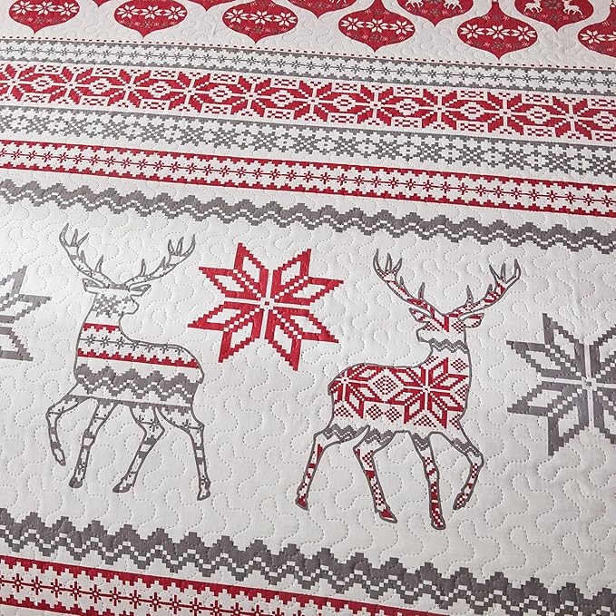 Jessy Home Christmas Quilt Set Queen Size Bedding Xmas Bedspread Coverlet Holiday Deer Snowflake Decor Soft Lightweight Bedding,Red White