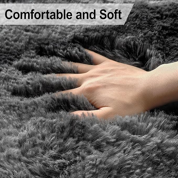 2x6 Fluffy Soft Runner Rug for Bedroom Living Room, Dark Grey and Black Carpet Runners for Hallways Non-Slip Shaggy Bedside Long Rug, Fuzzy Shag Bedroom Runner for Kids Room Dorm Nursery