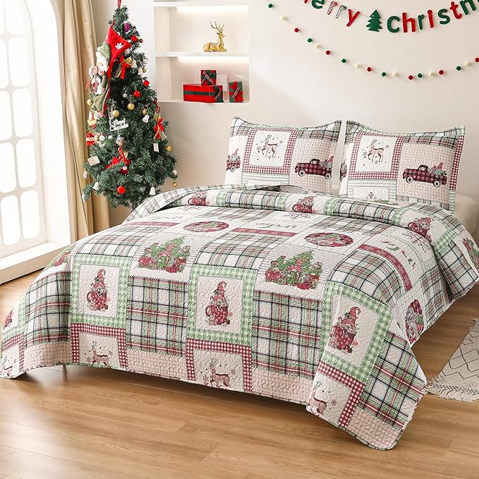 Christmas Bedding Set Twin Christmas Quilt Bedspread Xmas Coverlet,Red Green Plaid Patchwork Christmas Quilt Bedding Holiday Christmas Quilt Bedspread Lightweight Reversible Gnome Christmas Decor Gift