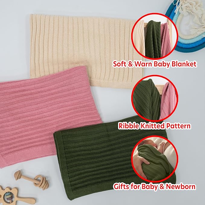 Baby Knit Blanket, 100% Cotton Ribble Patterns, Soft, Cozy, Lightweight Swaddle for Newborn & Infant Swaddling Beige Neutral, Perfect Baby Shower Ideas Green 30x30
