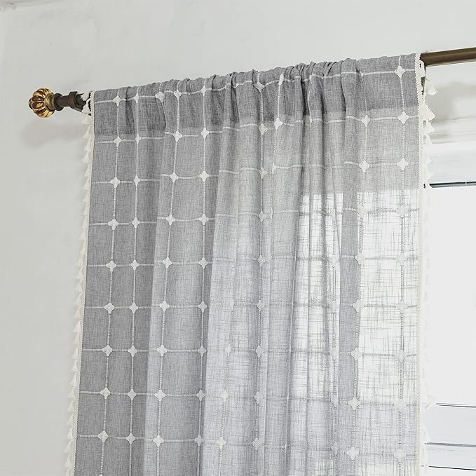 Deeprove Gray Boho Plaid Curtains 72 inch for Home Office Kitchen Nursery, Semi Blackout Casual Farmhouse Tassels Window Treatment Bohemian Embroidery Drape Rod Pocket 1 Panel 52 W x72 L, Grey