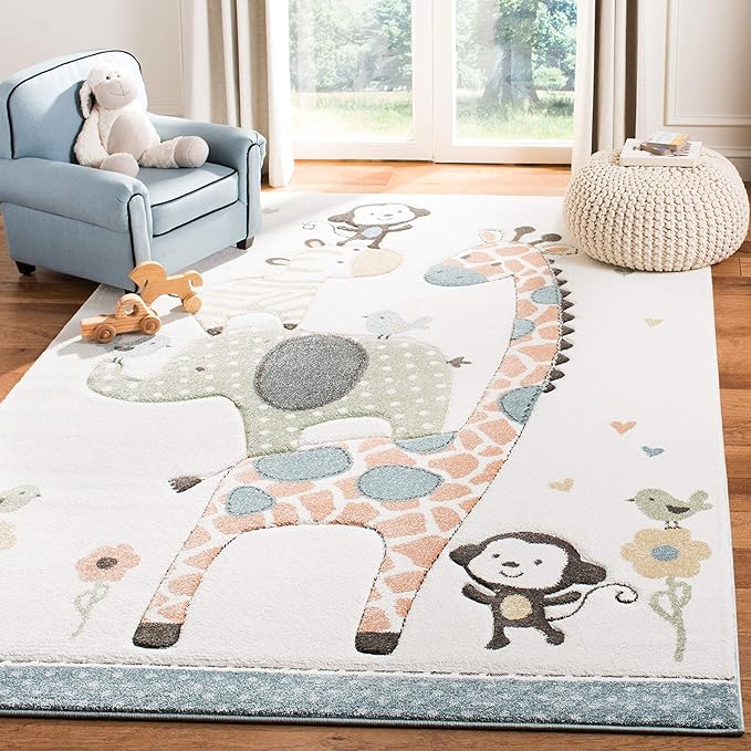 SAFAVIEH Carousel Kids Collection Accent Rug - 4' x 6', Ivory, Animal Design, Non-Shedding & Easy Care, Ideal for High Traffic Areas for Boys & Girls in Playroom, Nursery, Bedroom (CRK120A)