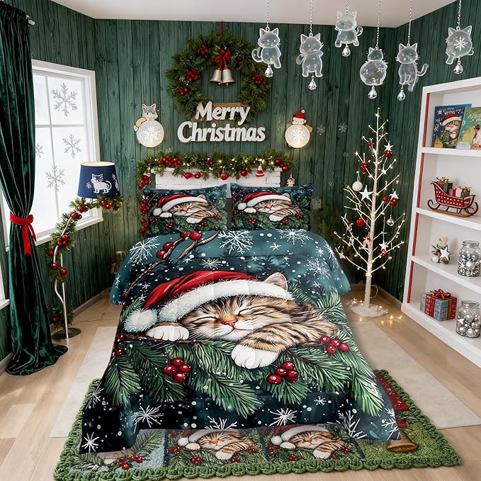 Cute Cat Kids Bedding Set Queen Size,Winter Holly Berries Snowflake Comforter Set,Animal Merry Christmas Poinsettia Quilt Comforter,Dark Green Bedroom Duvet Insert,2 Pillowcases