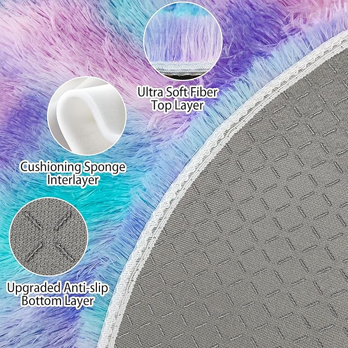4x4 ft Purple Rainbow Fluffy Round Rug for Girls Bedroom,Colorful Soft Shaggy Circular Area Rug Kids Fuzzy Carpet Furry for Living Room Nursery Dorm Playroom Room Unicorn Decor Reading Nook Mat