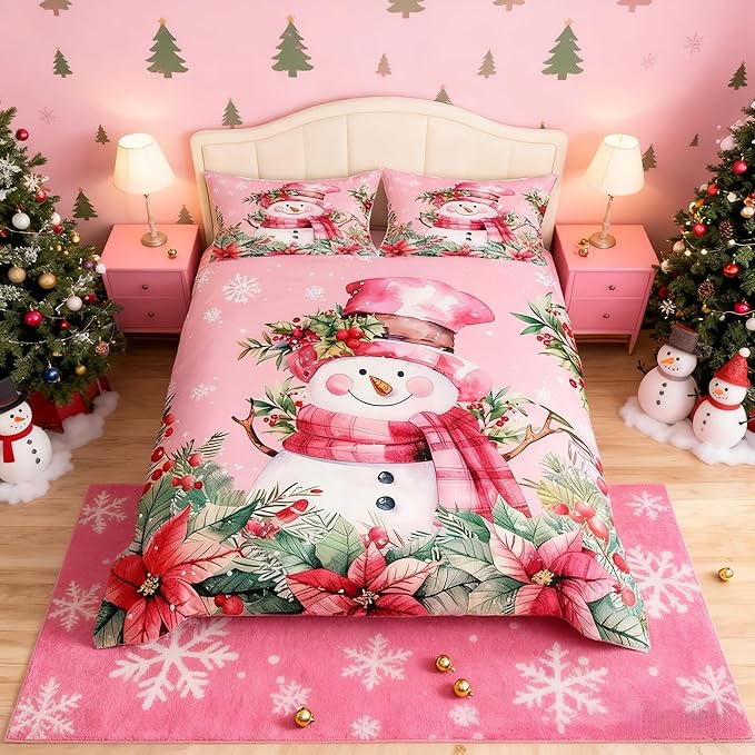 Manfei Xmas Snowman Duvet Cover Set Queen Size, Leaves Flower Snowflake Comforter Cover with 2 Pillowcases, Christmas Pink Bedding Set 3pcs for Kids Boys Girls Lightweight Bedspread Cover,No Comforter
