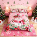 Manfei Xmas Snowman Duvet Cover Set Queen Size, Leaves Flower Snowflake Comforter Cover with 2 Pillowcases, Christmas Pink Bedding Set 3pcs for Kids Boys Girls Lightweight Bedspread Cover,No Comforter