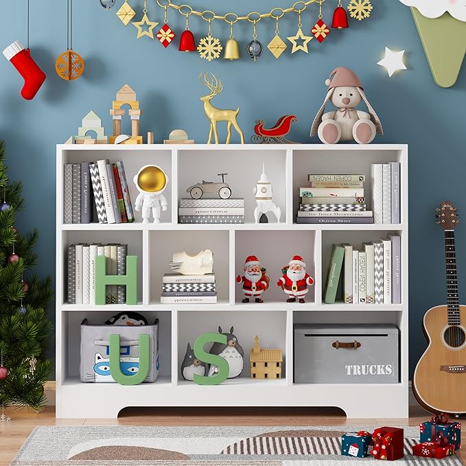 Kids Book Shelf Set of 2, 10 Cubes Storage Organizer Montessori Bookshelf, 3-Tier Wooden Kids Bookcase, Toy Storage Organizer for Children, White Toddler Bookshelf Cube Shelf for Kid’s Room