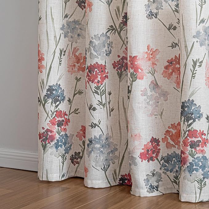 MYSKY HOME Linen Floral Curtains 84 inch Length 2 Panels Semi Sheer Light Filtering Privacy Protect Flower Patterned Drapes for Living Room Bedroom, 52" Wide, Red, Pack-2