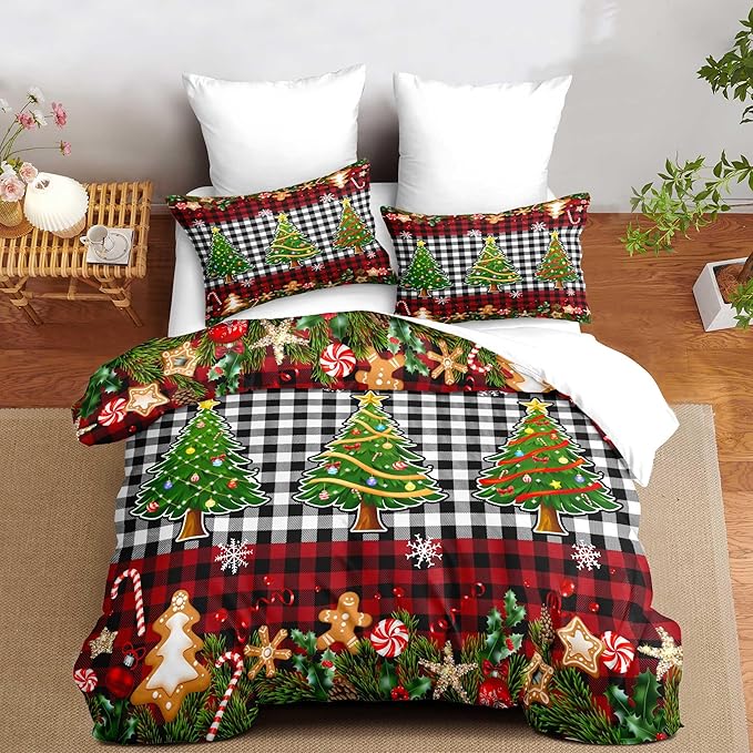 Christmas Duvet Cover King Size Black White Gingham Bedding Set 3 Pieces Kids Boys Girls Red Plaid Grid Christmas Tree Gingerbread Man Comforter Cover with Zipper Closure