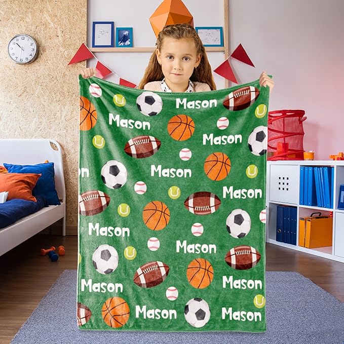 Personalized Ball Blanket with Name for Boys, Custom Name Blanket for Kids Ball, Soft Flannel Ball Toddler Blanket Customized Gift for Birthday Christmas Baby Shower Newborn Gift 60x80in