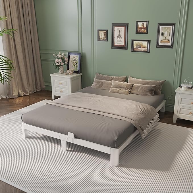 King Size Bed Frame 4 Inch White, Metal King Bed Frame with Baffles, No Box Spring Needed, Heavy Duty Steel Platform Support, Rounded Corner Legs, Noise Free, Easy Assembly