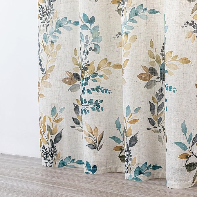 MYSKY HOME Linen Sheer Curtains for Living Room Leaf Patterned Semi Vertical Drapes Decor Farmhouse Style Texture for Dining Room Light Soften Privacy, Yellow and Blue, W52 x L90, Pack-2