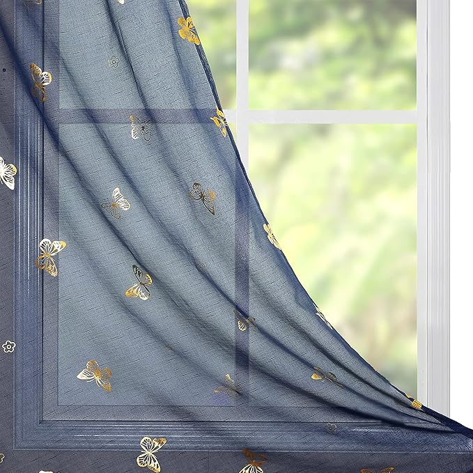 Jubilantex Butterfly Sheer Curtains Navy Blue Drapery with Gold Print Pattern 84 Inch Long, Kids Nursery Bedroom Voile Linen Textured Curtain Rod Pocket Window Drapes, 2 Panels