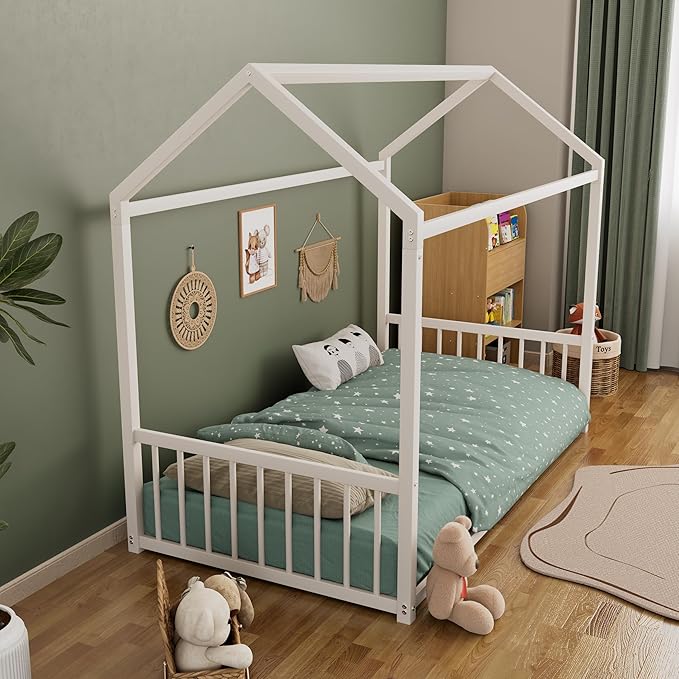 Merax Twin Floor Bed Frame, Montessori Style Metal House Shaped Kids Bed with Vertical Safety Guardrails, No Slats, Grounded Design for Kids and Toddlers, Easy Assembly, White