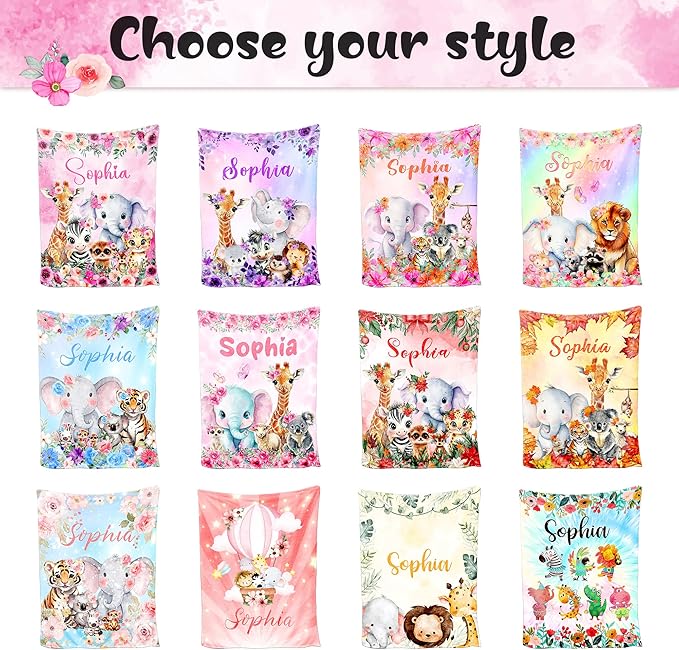 Ship Next Day, Custom Name Blanket for Baby Girls Boys, Cute Elephant Blankets- Printed in USA, Personalized Baby Blankets for Kids Teens, Christmas Birthday Blanket Gifts for Daughter Son