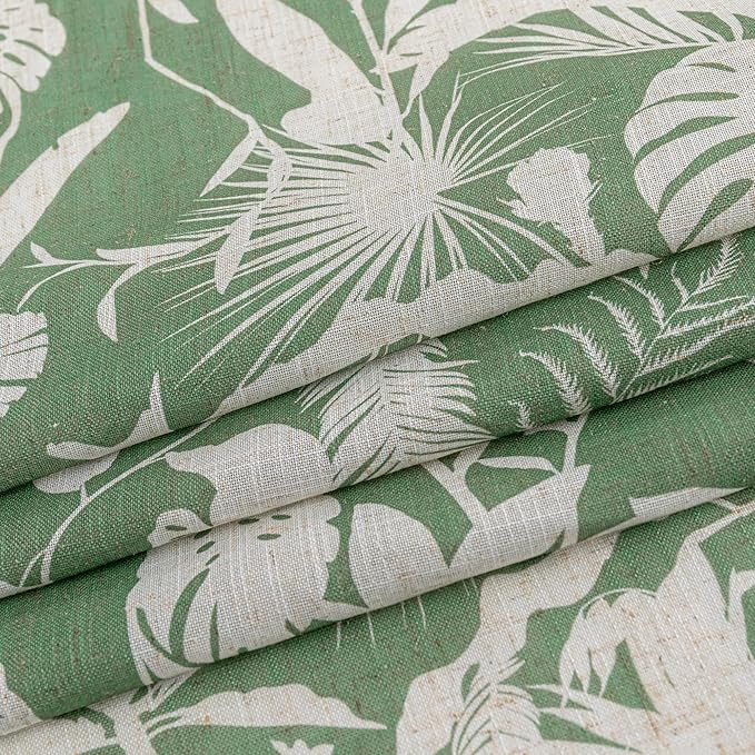 MYSKY HOME Linen Tropical Curtains 63 Inch Length Semi Sheer Curtains Pattern Decorative Window Treatment Drapes Privacy with Light Through for Kitchen/Nursery/Bathroom, 52" Wide, Green, 2 Panels