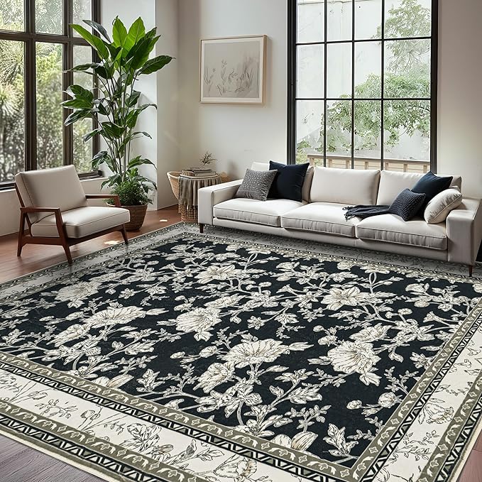 Large Black and Beige Area Rug 9x12 for Living Room Large Charcoal Cream Taupe Pattern Modern Boho for Bedroom Soft Vintage Area Rug Farmhouse Floral Carpet for Dining Room Guest Bedroom Home Decor